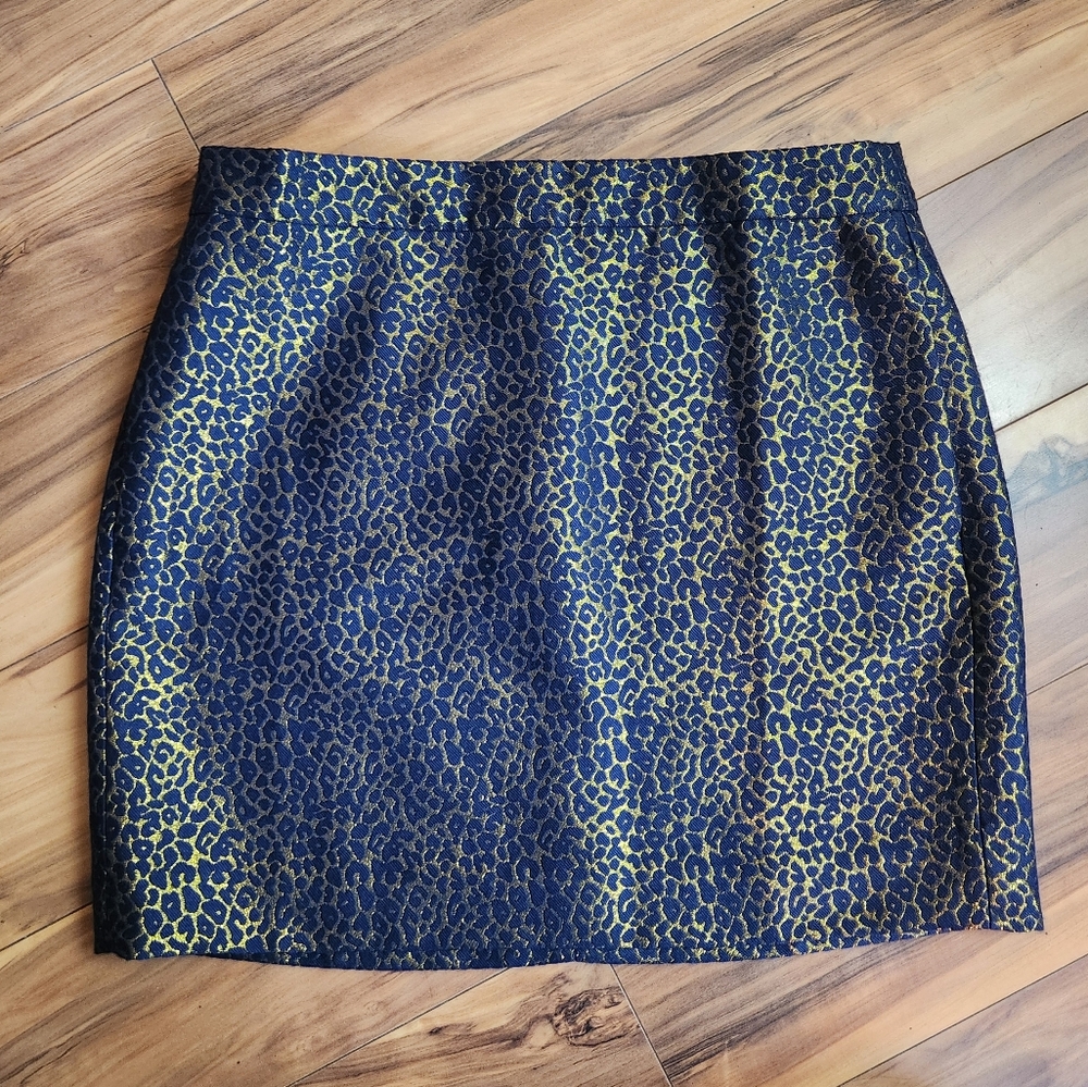 J. Crew Factory Navy and Gold Jacquard Leopard Print Mini Skirt Size 6